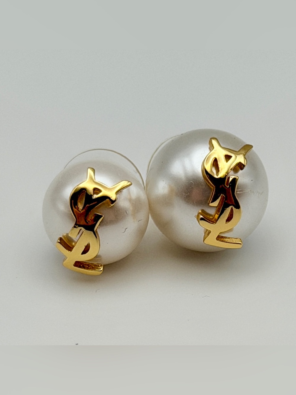 Saint Laurent Gold Logo Pearl Cassandra Asymmetrical Stud Earrings YSL Gold Tone